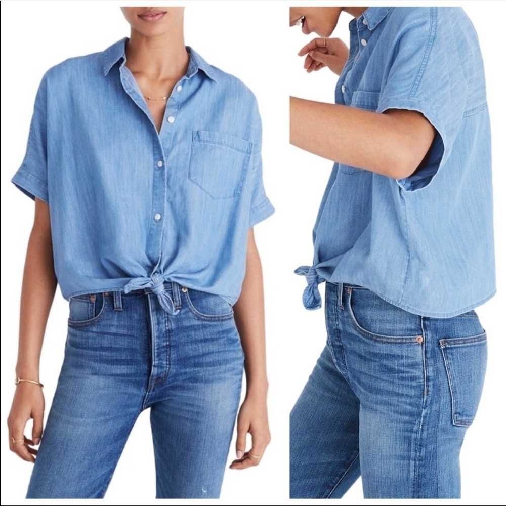 Madewell Blue Short Sleeve Tie Bottom Boxy Button Down Shirt